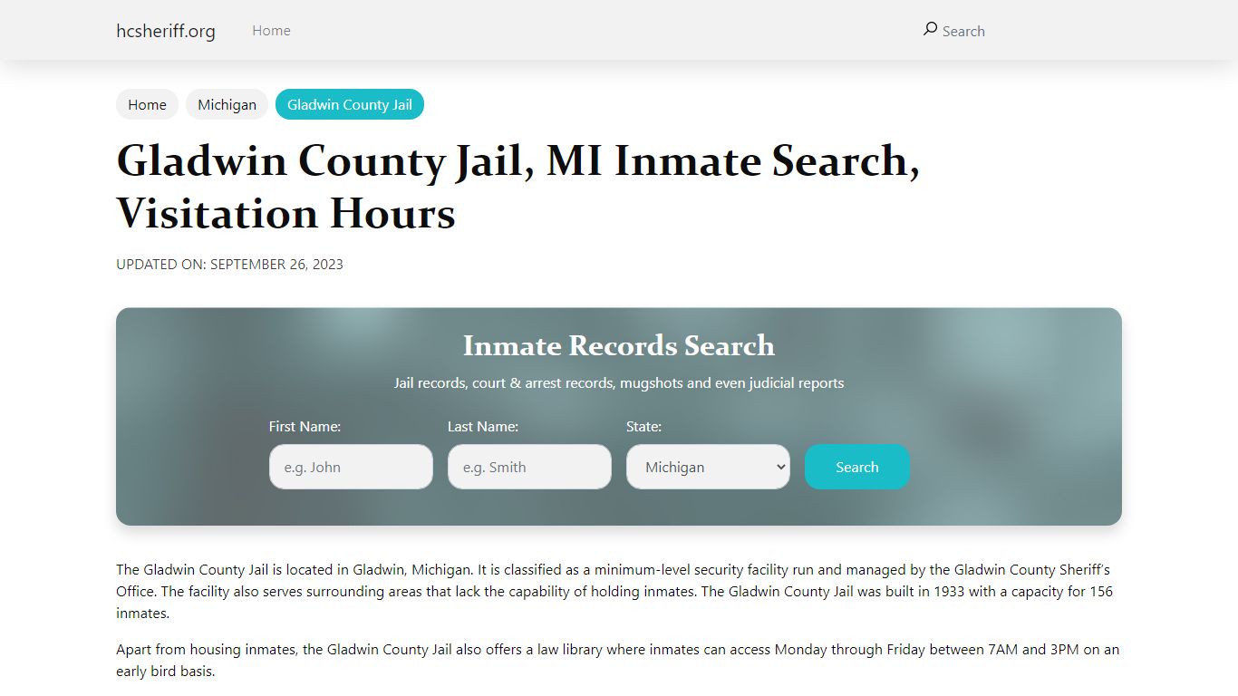 Gladwin County Jail, MI Inmate Search, Visitation Hours